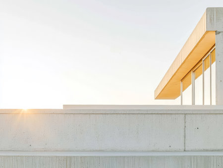 A minimalist structure showcases a blend of concrete and glass elements illuminated by the warm glow of sunset. The design emphasizes clean lines and geometric shapes creating an elegant aesthetic.の素材