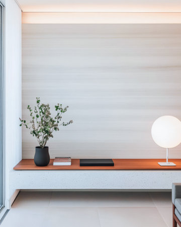 A well-designed interior showcases a minimalist wooden bench with a black vase filled with greenery illuminated by a round light. Soft colors and sleek lines create a calming atmosphere.の素材