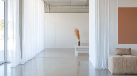 A spacious indoor area features floor-to-ceiling windows allowing abundant natural light.の素材