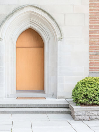 A beautiful entrance features an elegant double archway leading to a modern wooden door. Soft landscaping with a bush complements the contemporary architecture of the building.の素材