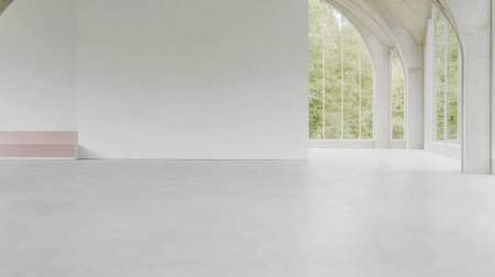 Bright open interior features sleek concrete flooring and large arched windows that create a serene atmosphere. The surrounding nature is visible enhancing the tranquil setting.の素材