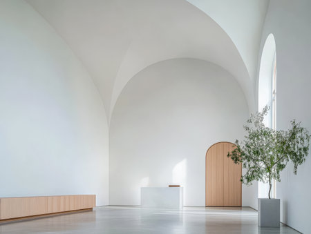 A spacious interior showcases a soft white color palette with an elegant wooden door a sleek counter and a potted plant adding a touch of nature and serenity to the setting.の素材