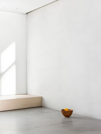 A spacious interior features a white wall and natural light streaming through a window. A simple wooden bowl sits on the floor holding fresh lemons creating a calm atmosphere.の素材