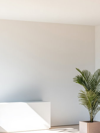 Bright and spacious indoor area showcases minimalistic design with soft natural light. A green potted plant adds a touch of nature to the modern decor enhancing the serene atmosphere.の素材