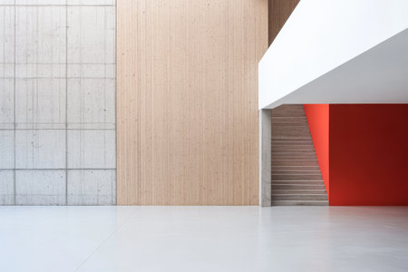 A spacious interior features smooth concrete walls and natural wood accents. A vibrant red element adds a pop of color while sleek stairs lead to the upper levels.の素材