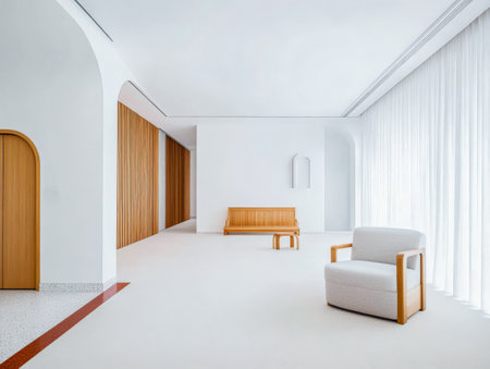 A bright and airy interior space showcases minimalist design with a wooden bench and comfortable armchair. Natural light filters through sheer curtains enhancing the serene atmosphere.の素材