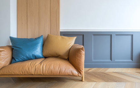 A stylish leather sofa with blue and yellow cushions sits in a contemporary living room. The room features wooden accents and a minimalist color palette showcasing a relaxing atmosphere.の素材