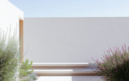 A serene outdoor area is enhanced by the simple design of white walls and wooden benches surrounded by lush greenery and vibrant plants under a clear blue sky.の素材