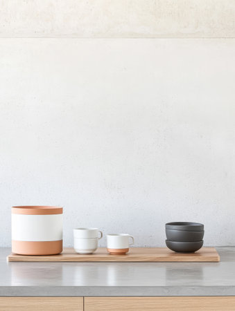 A minimalist kitchen setting showcasing a wooden tray with stylish bowls and cups. The neutral color palette enhances the contemporary aesthetic and creates a serene atmosphere for dining.の素材