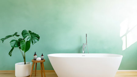 A bright bathroom showcases a freestanding tub surrounded by natural elements. A potted plant adds life to the space while sunlight creates a tranquil atmosphere.の素材