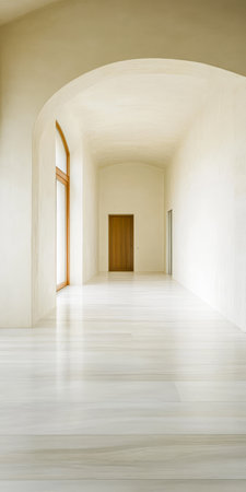 A bright hallway features large windows allowing natural light to illuminate the minimalist space. The smooth floor and simple design create an airy atmosphere drawing the eye to the wooden door.の素材