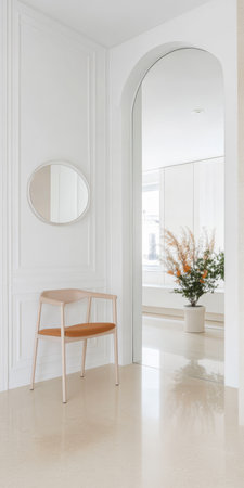 A spacious room showcases a light color palette with a round mirror a stylish chair and a blooming potted plant. Sunlight enhances the serene atmosphere in the minimalist design.の素材