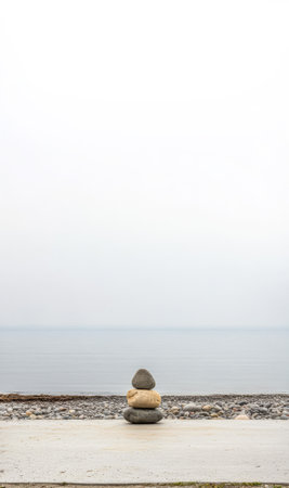 A tranquil moment unfolds by the shore as stacked stones sit on the beach facing calm waters under a soft cloudy sky during dawn. The atmosphere is serene and reflective.の素材