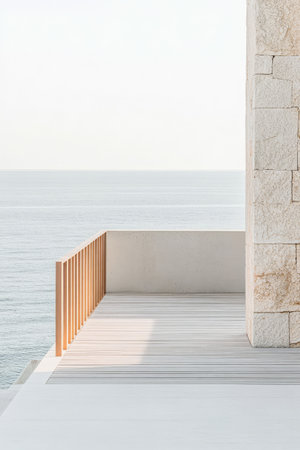 The wooden balcony extends from a modern structure offering a clear view of the calm ocean waters at sunset. The soft lighting creates a tranquil atmosphere perfect for relaxation.の素材