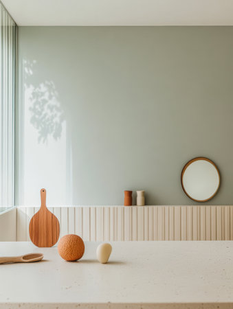 A minimalist kitchen showcases natural light illuminating wooden utensils and decorative objects. The soft color palette creates a serene atmosphere enhancing the modern design of the space.の素材