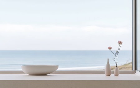 A serene coastal view is visible through a large window. A minimalist bowl rests on a smooth counter beside two small vases containing delicate flowers creating a stylish ambiance.の素材