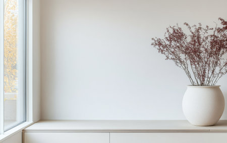 A spacious room showcases a wooden shelf featuring a large round white vase filled with dried flowers. The soft neutral wall enhances the minimalist aesthetic allowing natural light to filter in.の素材