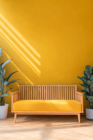 A modern living space showcases a vibrant yellow wall complementing a wooden sofa. Lush green plants enhance the decor while natural light creates a warm ambiance through shadows.の素材