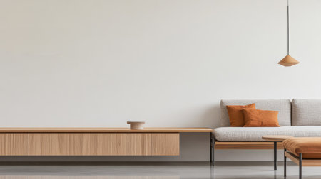 A spacious modern living room showcases a light-colored wall and sleek furniture. A gray sofa with orange cushions complements a wooden coffee table and shelf.の素材