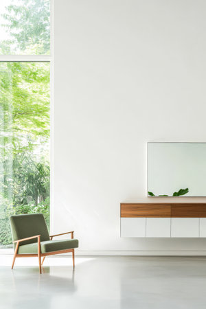 A stylish living room features a green armchair and a sleek wooden cabinet under a large window. Natural light floods the room highlighting the minimalist design and serene atmosphere.の素材