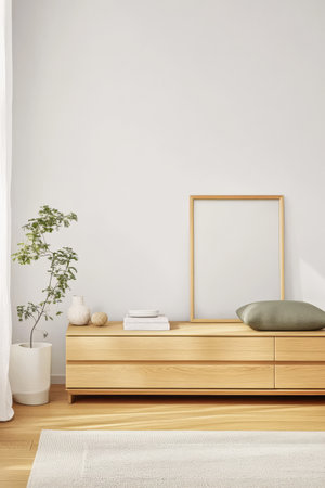 A serene interior showcases a simple wooden dresser with drawers a decorative pillow and a blank frame on the wall. A small plant adds a touch of greenery enhancing the minimalistic ambiance.の素材