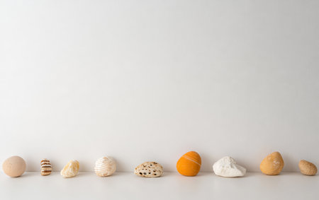 A collection of shells and stones displays a variety of colors and textures arranged in a linear pattern on a bright surface highlighting their natural beauty and uniqueness.の素材