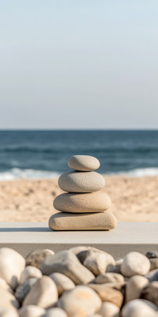A serene arrangement of smooth stones stacked in a pyramid shape sits on a light surface at the beach. In the background gentle ocean waves roll onto the sandy shore under a clear sky.の素材