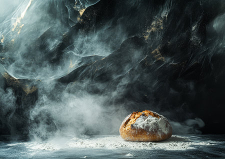 A round loaf of freshly baked bread rests on a surface sprinkled with flour surrounded by a haze of steam creating a warm and inviting kitchen atmosphere.の素材