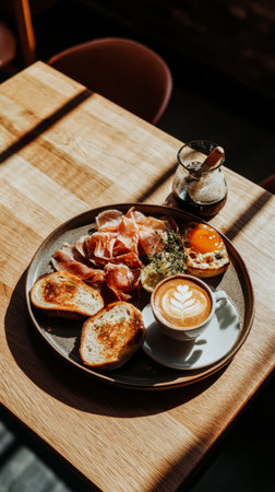 A delicious breakfast plate featuring toasted bread various cured meats an egg and latte art is beautifully displayed on a wooden table in a warm cafe atmosphere.の素材
