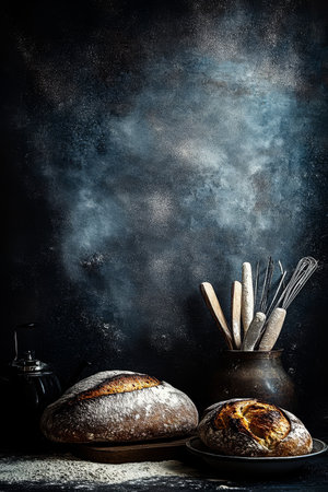 Two freshly baked loaves of bread rest on a rustic plate beside a pot filled with wooden baking tools. The background is a textured dark surface enhancing the warm colors of the bread.の素材