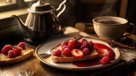 A plate of golden toast is adorned with fresh raspberries and strawberries drizzled with syrup. Nearby a steaming cup and kettle add warmth to the inviting kitchen atmosphere.の素材