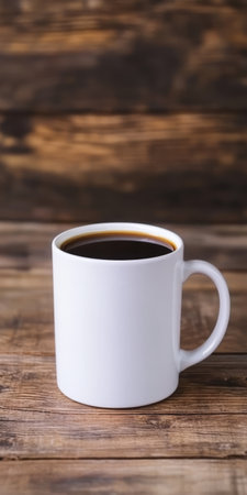 A white mug filled with dark coffee is placed on a rustic wooden table. The warm tones of the wood create a comforting environment suggesting a moment of relaxation.の素材
