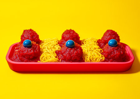 A vibrant platter features five red meatballs resting atop a mound of yellow noodles accented with blue candy on top. The bold colors stand out against a cheerful yellow background.の素材