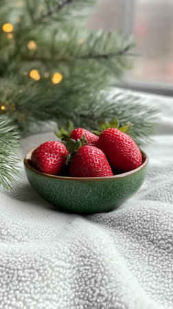 A green bowl filled with vibrant red strawberries sits on a soft textured blanket. Holiday greenery and warm lights create a cozy atmosphere perfect for winter gatherings.の素材