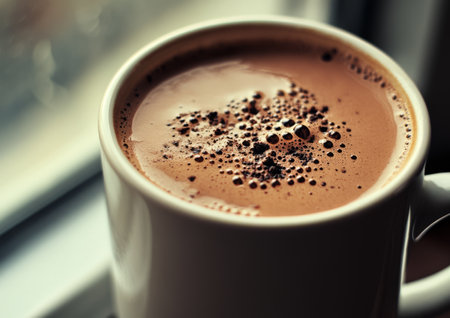 A steaming cup of coffee sits on a windowsill showcasing rich layers of foam and grounds. This moment captures the warmth and comfort of a quiet morning indoors.の素材