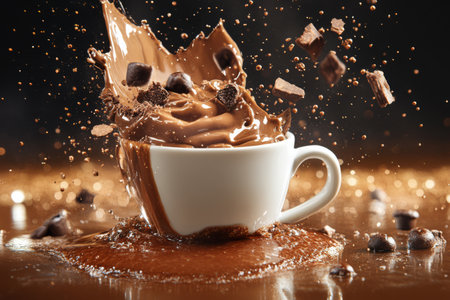 A white cup overflows with rich chocolate creating an exciting splash. Chocolate pieces and droplets decorate the countertop evoking an inviting and warm dessert experience.の素材