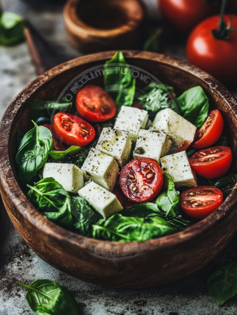 A wooden bowl filled with fresh spinach diced feta cheese and halved cherry tomatoes sits on a rustic table. The vibrant colors create an appealing and healthy dish perfect for any meal.の素材