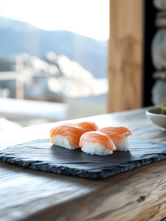 Three pieces of salmon sushi are beautifully arranged on a slate plate at a Japanese restaurant.の素材