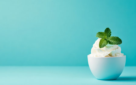A white bowl holds a generous serving of whipped cream beautifully garnished with fresh mint leaves. The background is a serene turquoise color enhancing the appetizing appearance.の素材