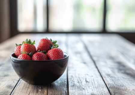 A black bowl filled with fresh ripe strawberries rests on a rustic wooden table. Soft natural light streams in through windows enhancing the vibrant red color of the berries.の素材