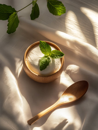 A bowl of creamy dessert is garnished with fresh mint leaves elegantly placed on a soft fabric. Gentle light casts beautiful shadows enhancing the inviting atmosphere.の素材