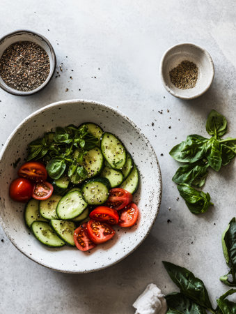 Chopped cucumbers and ripe tomatoes are arranged in a bowl with fresh basil leaves. Spices are placed in small bowls nearby suggesting preparation for a healthy meal.の素材