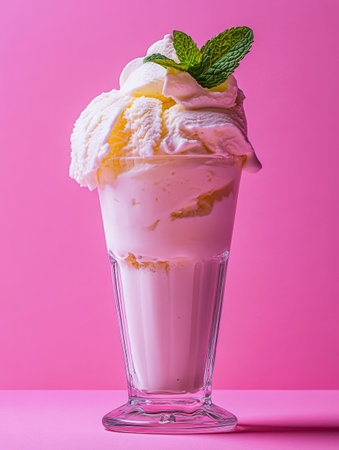 A tall glass filled with creamy vanilla ice cream layered with whipped cream and garnished with fresh mint leaves set against a vibrant pink background.の素材