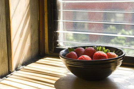 A bowl filled with ripe strawberries sits on a wooden surface illuminated by sunlight streaming through a window. The shadows cast create a warm inviting atmosphere.の素材