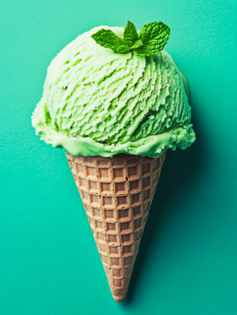 A delicious scoop of mint ice cream sits atop a crunchy waffle cone. The refreshing green color contrasts beautifully with the bright turquoise backdrop creating a cheerful and inviting appearance.の素材