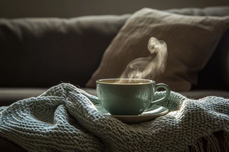 A steaming cup of coffee sits on a saucer atop a soft knitted blanket draped over a couch. The warm tones create a cozy atmosphere inviting relaxation.の素材