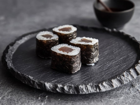 Delicious sushi rolls are neatly arranged on a dark slate plate. The rolls are wrapped in seaweed and filled with fish. A small bowl of soy sauce sits nearby adding to the presentation.の素材