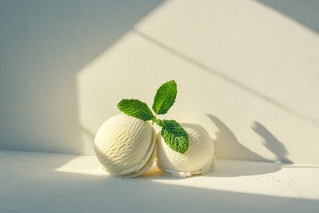 Two scoops of mint ice cream rest neatly on a white surface accented by a fresh mint leaf. Sunlight casts soft shadows that enhance the serene atmosphere.の素材