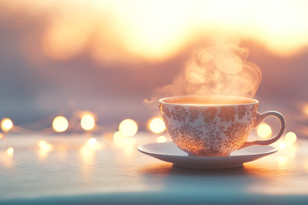 A delicate cup of steaming tea rests on a saucer against a backdrop of a serene sunrise. Soft bokeh lights enhance the tranquil atmosphere of the morning.の素材