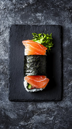 A sushi roll composed of vinegared rice fresh salmon slices and cucumber wrapped in seaweed rests on a black slate plate.の素材
